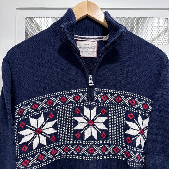 2000's Navy Blue Red White Snowflake Sweater Zipper 100% Cotton Natural Fibers - Picture 5 of 8